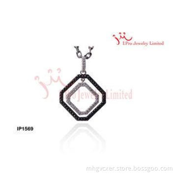 Black White Double Square Tiger Prong Silver CZ Pendants Wi
